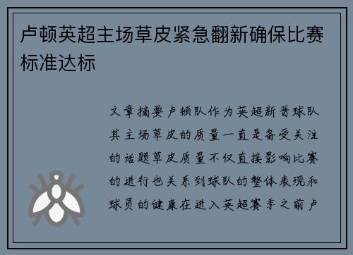 卢顿英超主场草皮紧急翻新确保比赛标准达标