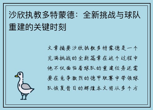 沙欣执教多特蒙德：全新挑战与球队重建的关键时刻