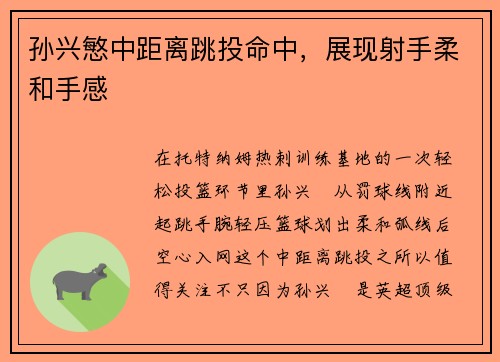 孙兴慜中距离跳投命中，展现射手柔和手感